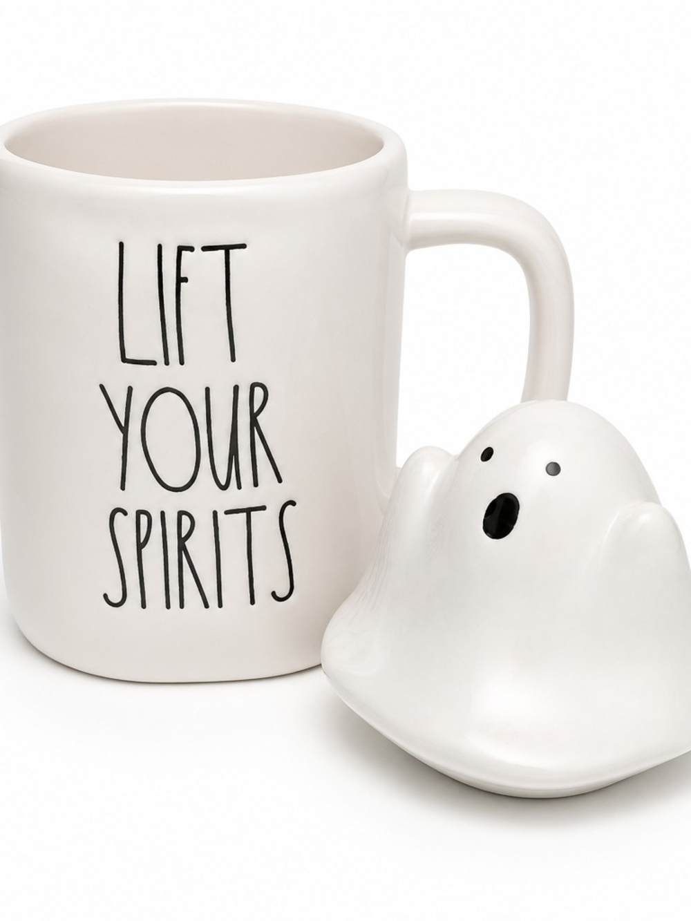 Rae Dunn White Ceramic 'Lift Your Spirits' Mug with Ghost Lid